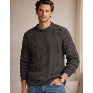 British Wool Naturally Cable Knit Sweater Mens L Grey 100% Wool Made in UK